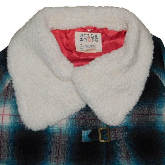 Billabong Wool Blend Plaid Coat Jacket with Sherpa Collar - Picture 2 of 12